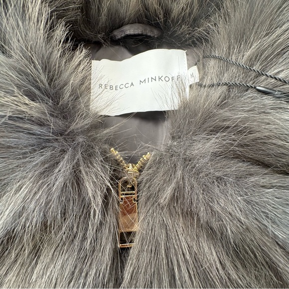 Rebecca Minkoff Gray Collar Faux Fur Jacket Gold Zip Cropped At Waist Silk Inner - Picture 4 of 15